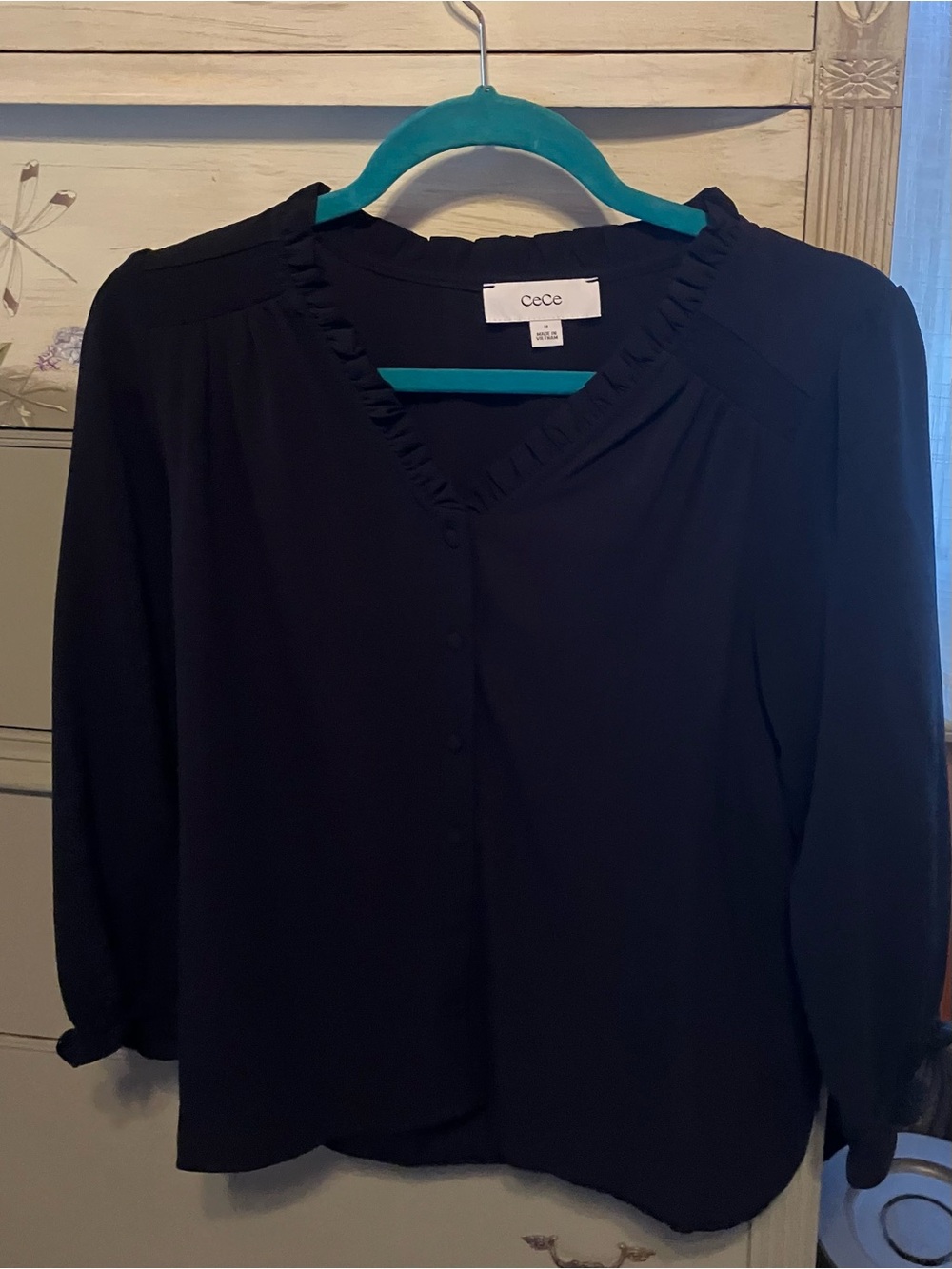 CeCe Black Ruffle-Trim V-Neck Blouse